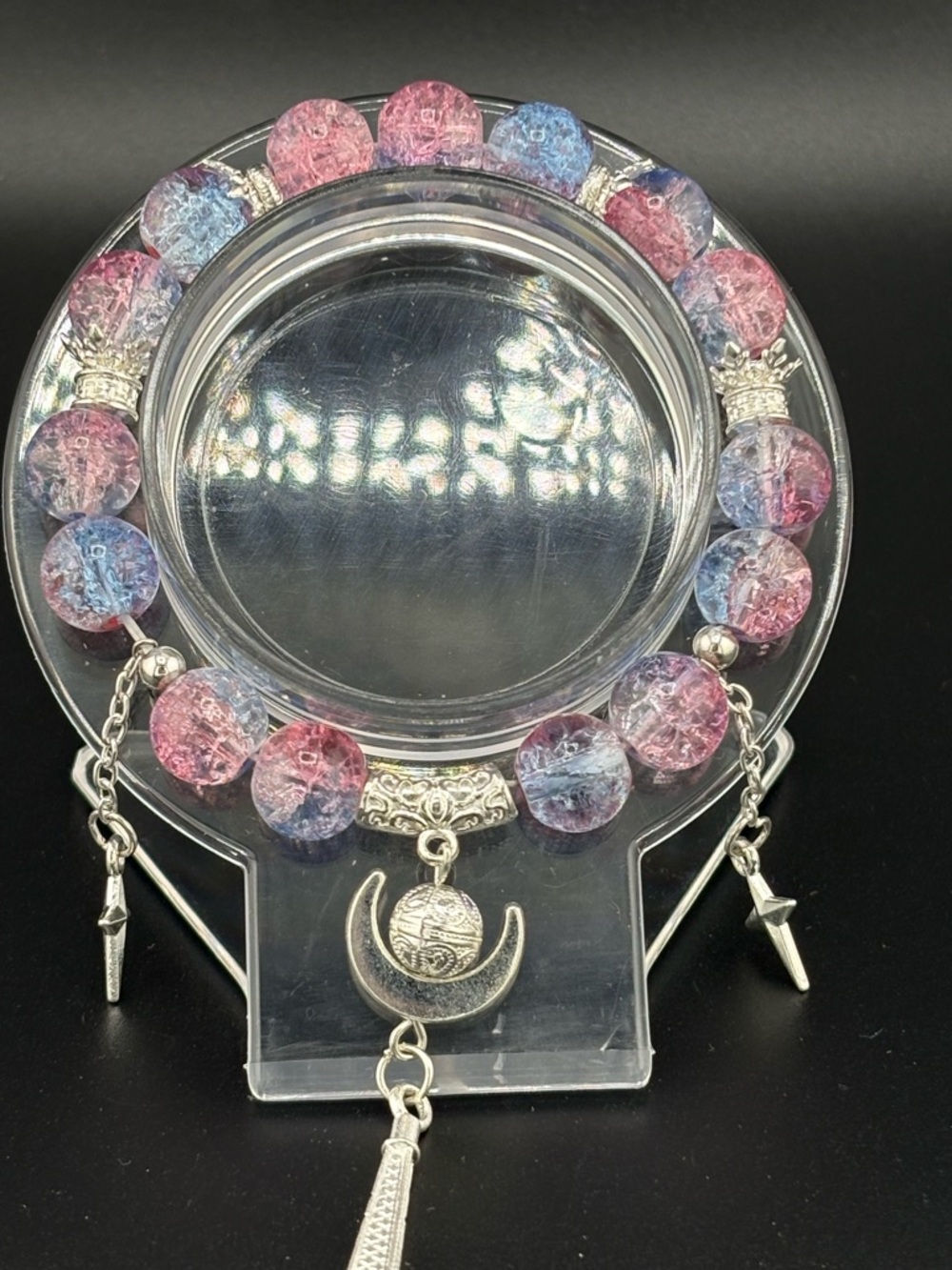 Handmade Pink & Blue Beaded Moon Charm Bracelet